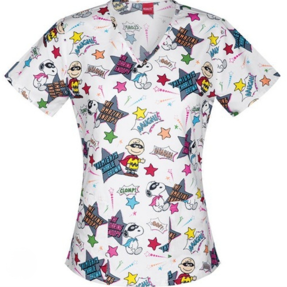Peanuts Snoopy and Charlie Brown Print V-neck Scrub Top